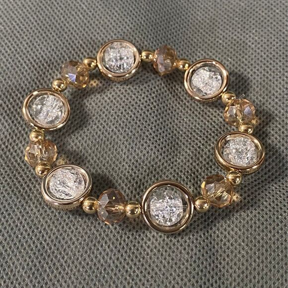 Crackled Glass Framed Beads Bracelet Clear Light Amber Gold Tone Stretch - Picture 3 of 9